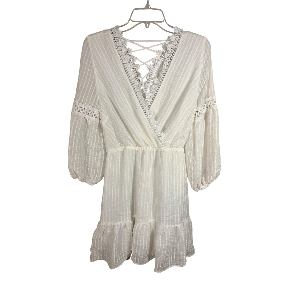 Flying Tomato Mini Dress Lace‎ Trim Surplice Bodice Small White Lace Up Backic